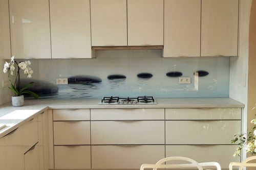 Une cuisine avec une crédence en verre